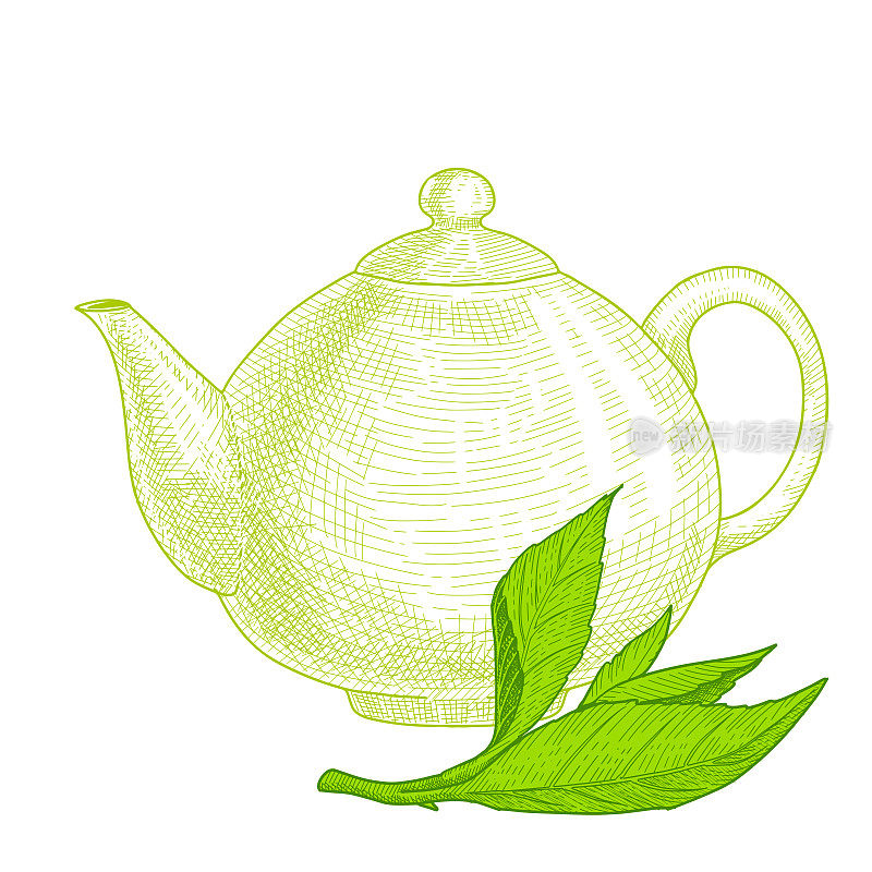 Teapot with tea and tea leaf.